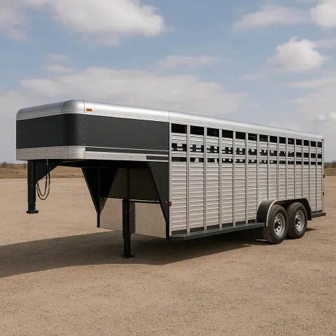 Silver and Black Gooseneck Livestock Trailer Parked on an Open