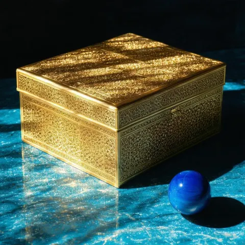 Golden Box and Blue Sphere in Sunlight