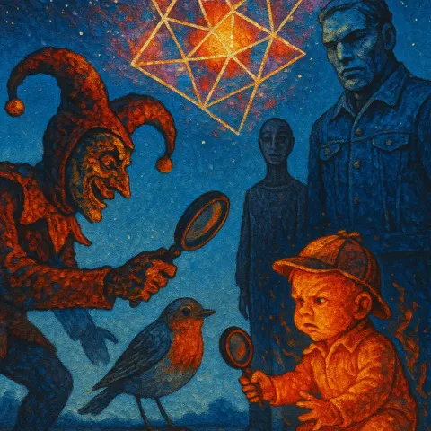 Volcanic-textured Jester Brandishes an Item Towards a Fiery Sherlock-esque Infant