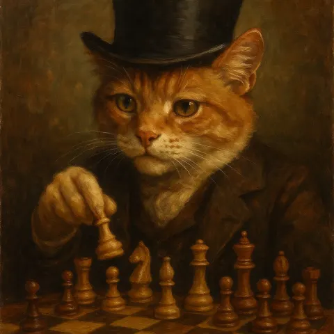 Oil Painting of a Cat Engaged in a Game
