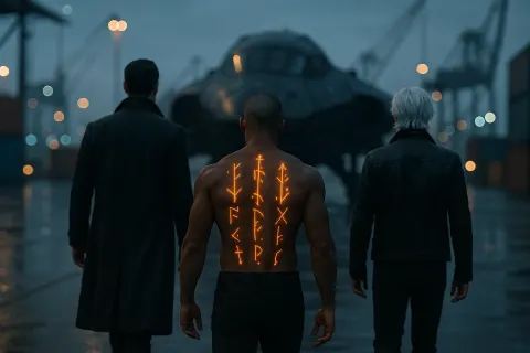 Three Figures—one with Glowing Runes Tracing their Back