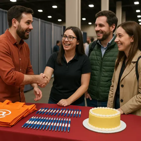 Group of People Interacting at a Booth During an Indoor