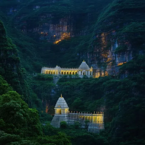 Ancient Temple Ruins in a Moonlit Gorge