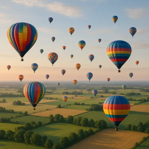 Numerous Colourful Hot Air Balloons Float Serenely