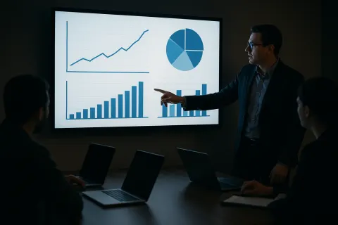 Person Pointing at a Presentation Screen Displaying Graphs