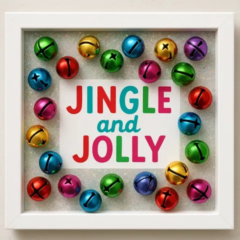 White Frame Display with Colorful Jingle Bells and Glittery Background
