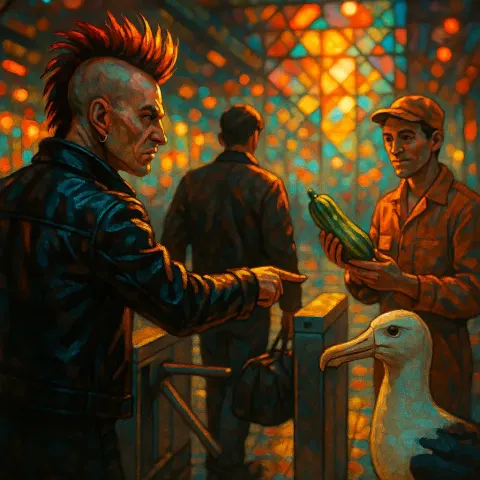 1970s Punk Villain Authoritatively Directs a Person
