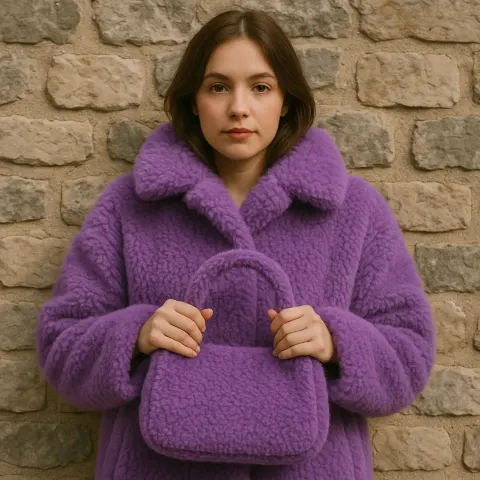Woman Wearing a Fluffy Purple Coat Holds a Matching