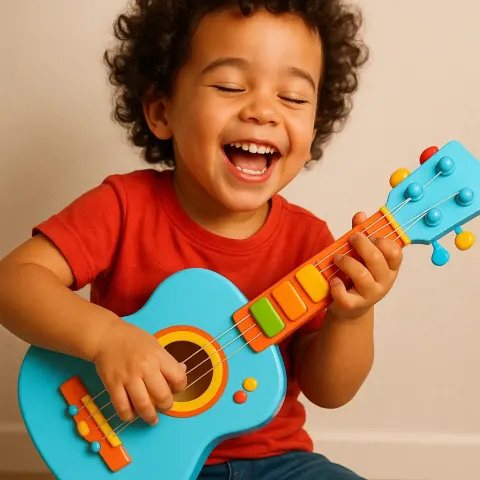 Young Child Is Joyfully Strumming a Vibrant Toy Guitar