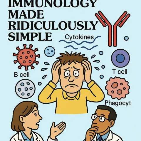 Cartoon Illustration Featuring a Distressed Man Surrounded by Immunology Concepts