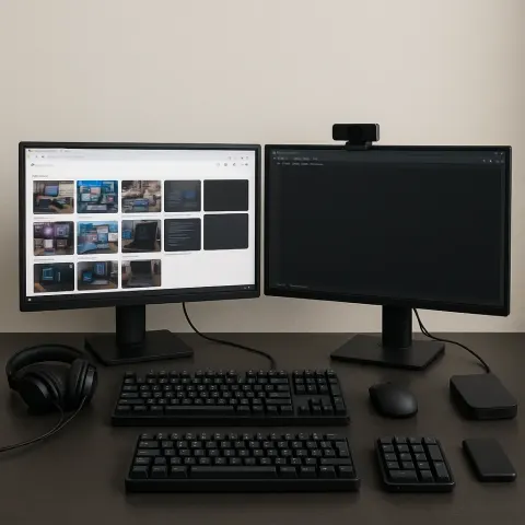 Dual-monitor Computer Setup on a Desk with Keyboards