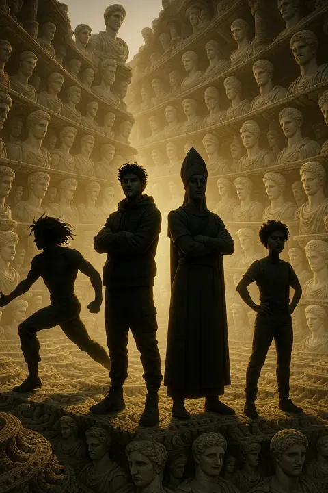 Four Figures Interact with Studied Composure Amidst Endless Repeating Self-similar