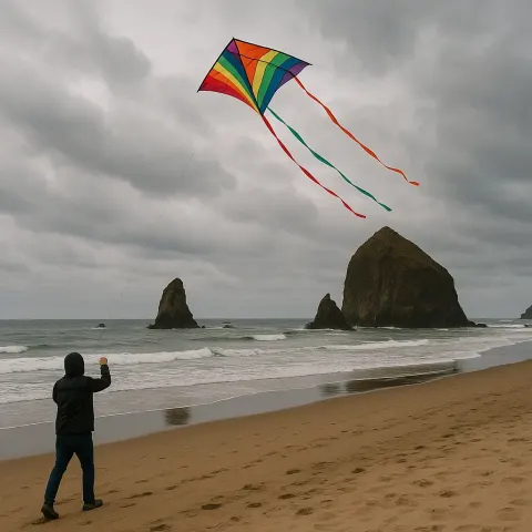 Person Flies a Colorful Kite on a Sandy Beach