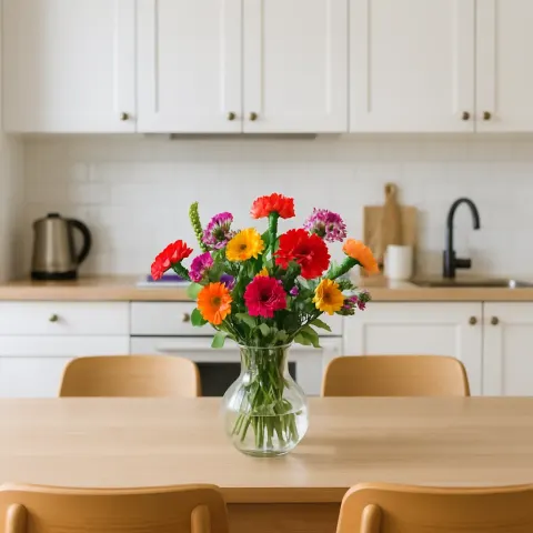 Dining Table with a Vase of Colorful Flowers in Front