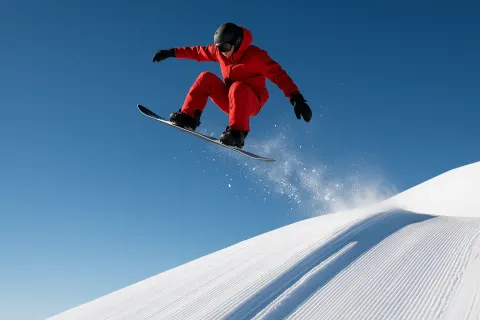 Snowboarder Dressed in Red Performs a Jump High