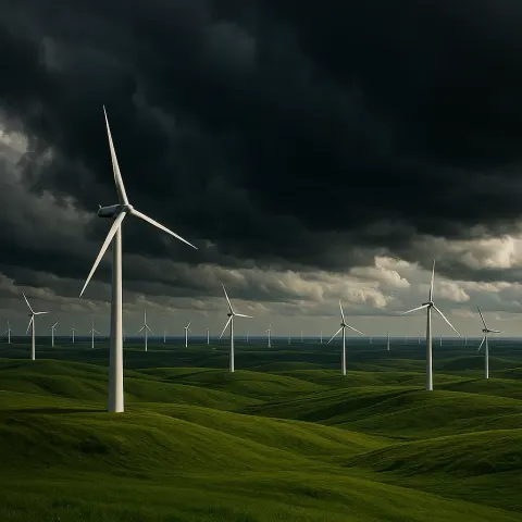 Numerous Distant Wind Turbines Stand Sentinel Across a Vast