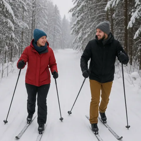 Two People in Winter Clothing Are Cross-country