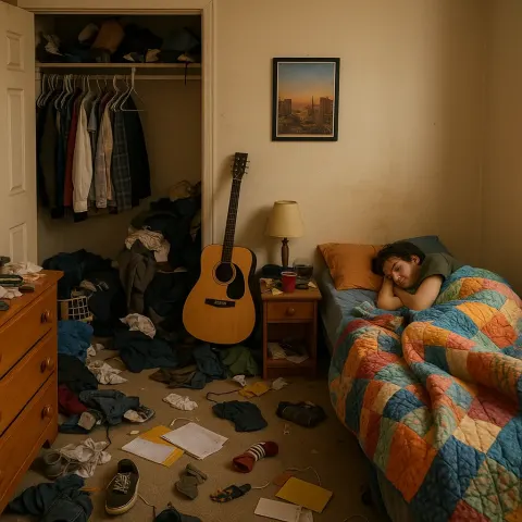 Cluttered Bedroom with an Open Closet