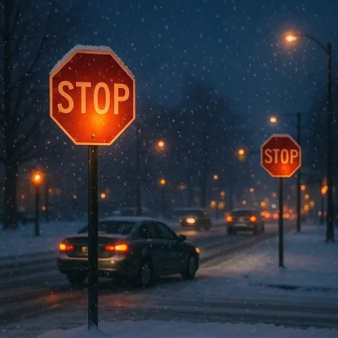 Snowy Evening Scene with Illuminated Stop Signs
