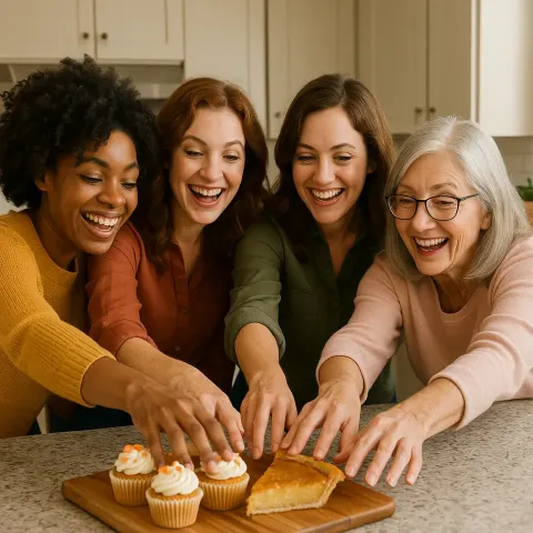 Kitchen Counter Is Surrounded by Four Women