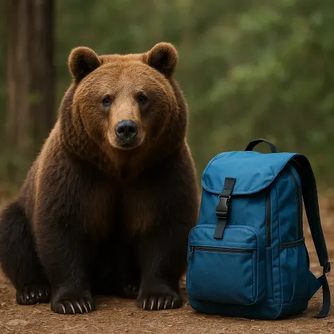 Picture Showing a Bear Beside a Blue Backpack