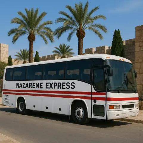 White Tour Bus Labeled "NAZARENE EXPRESS" with Red Stripes