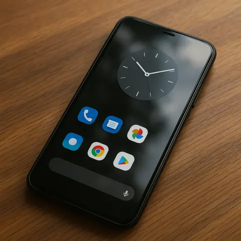 Smartphone with a Reflective Screen Displaying a Clock Widget