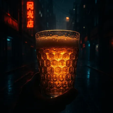Textured Beer Glass Catches Dramatic Golden Light—a POV