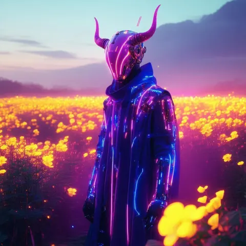 Horned Mask Figure in Glowing Yellow Flowers
