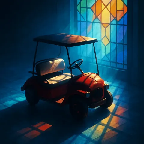 Single Cherry Red Golf Cart Exhibiting a Vintage Classic Design