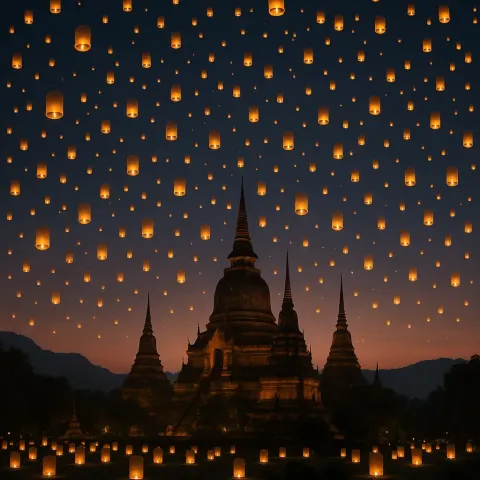 Countless Paper Lanterns Ascend into the Twilight Sky