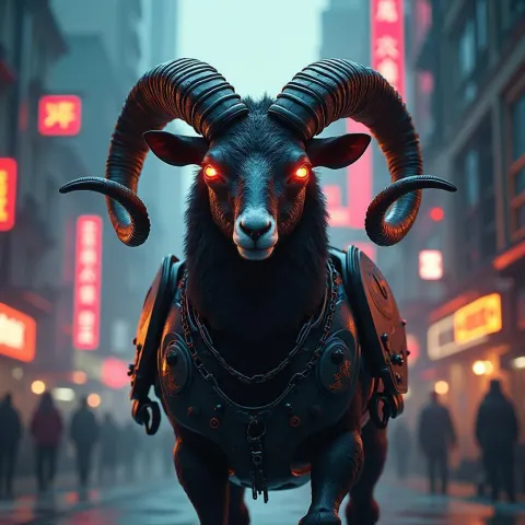 Cyberpunk Ram Robot Prowling Neon Manga Streets