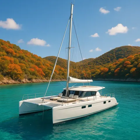 Pristine White Catamaran Floats Tranquilly in the Glassy Waters