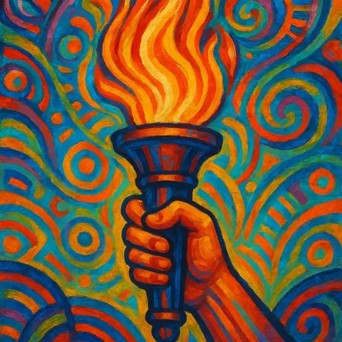 Stylized Painting of a Hand Holding a Torch with Flames