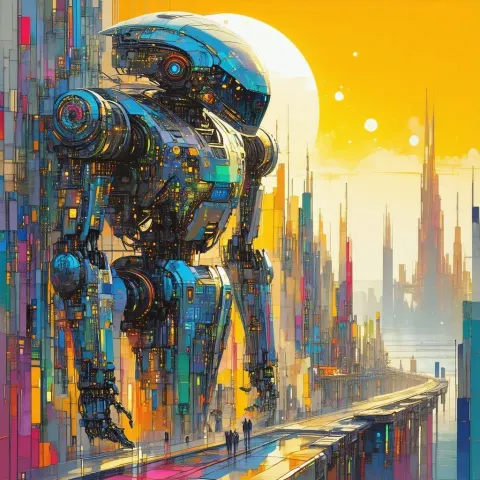 Futuristic City Guardian Robot in Tempera Paint