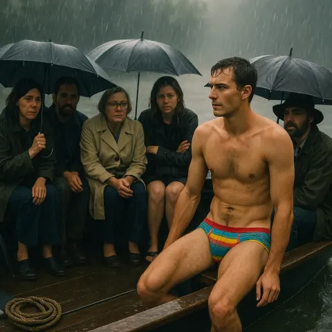 Group of People on a Boat in the Rain