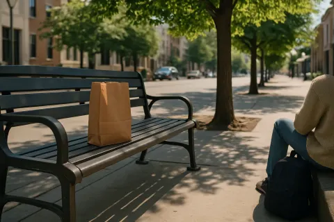 Peaceful Cityscape Unfolds Where a Crumpled Paper Bag Sits