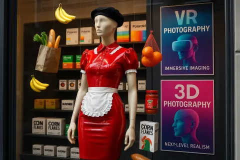 Mannequin Dressed in a Shiny Red Latex Maid's Outfit Takes