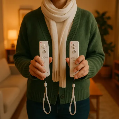 Person Wearing a Green Cardigan and White Scarf Holds Wii