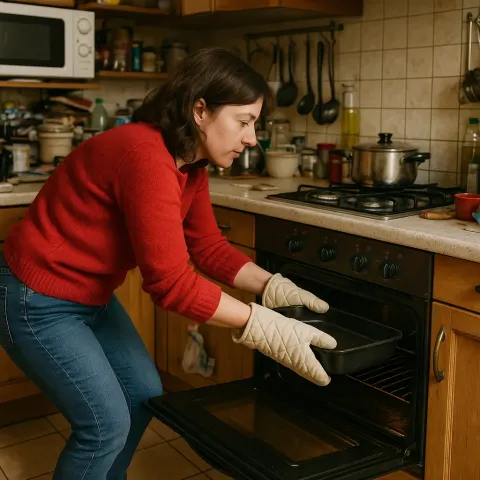 Woman in a Red Sweater and Jeans Is Using Oven
