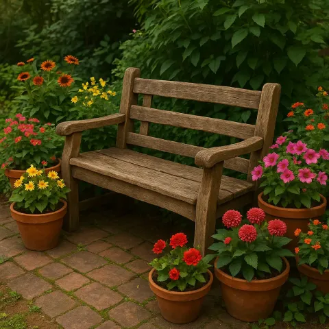 Weathered Wooden Bench Surrounded by Lush Potted Plants and Colorful