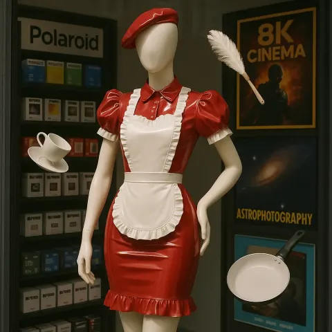 Mannequin Adorned in a Sleek Red Latex Maid's Dress Takes