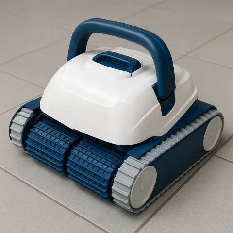 White and Blue Robotic Pool Cleaner with Cylindrical Brushes