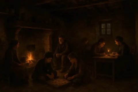Group of People Gathered Inside a Dimly Lit Rustic Room