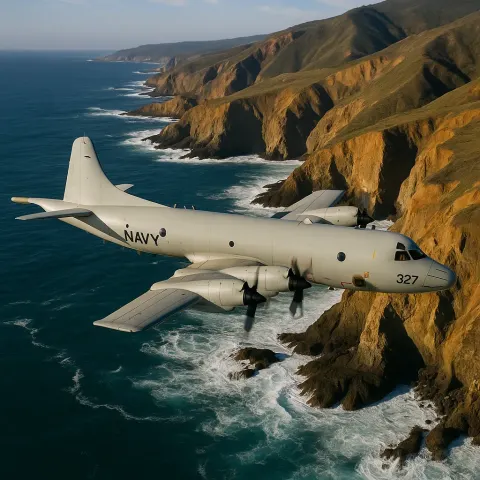 U.S. Navy Aircraft Flies over a Coastal Landscape
