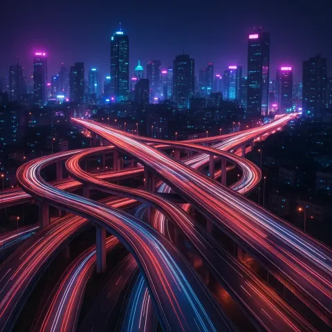 Myriad Indistinct Vehicles Create Streaks of Light Along the Complex