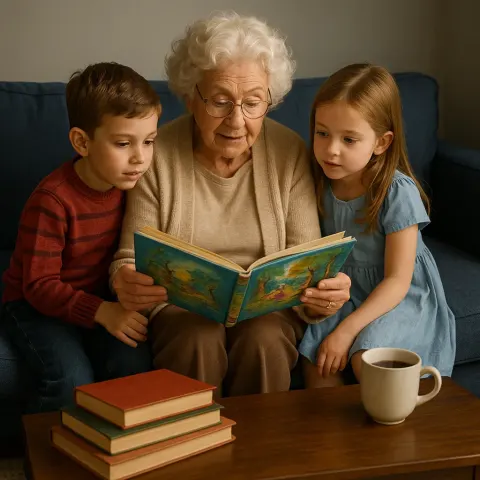 Dignified Elderly Woman with Curly White Hair and Reading Glasses