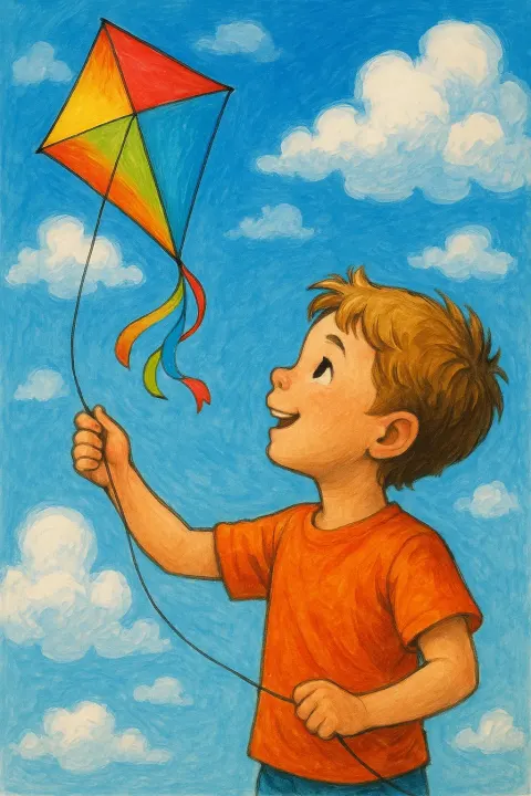 Child Happily Watches a Colorful Kite Soar