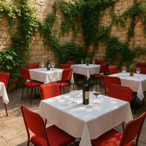 Patio Dining Area with Tables Covered in White Tablecloths