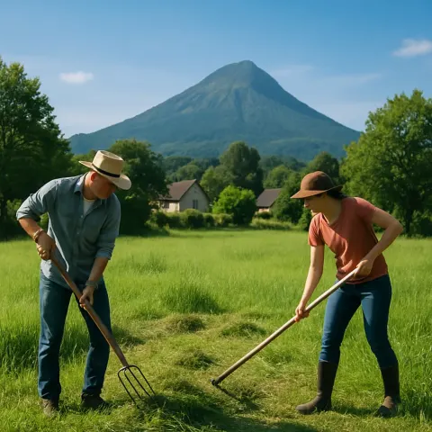Two People Are Working in a Grassy Field